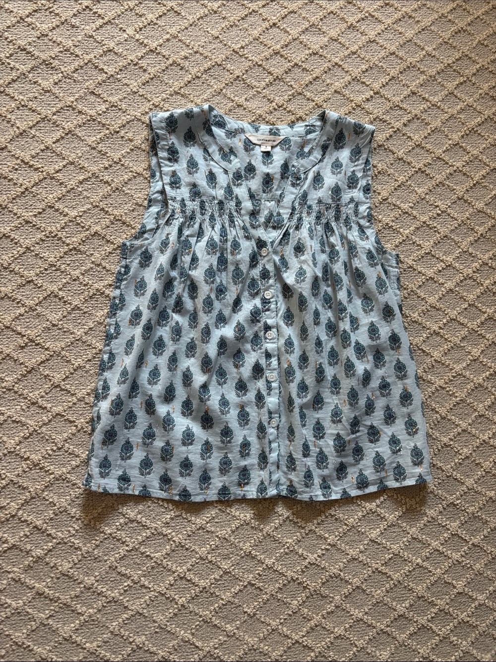 Lucky Brand Light Blue Print Sleeveless Button Front Top